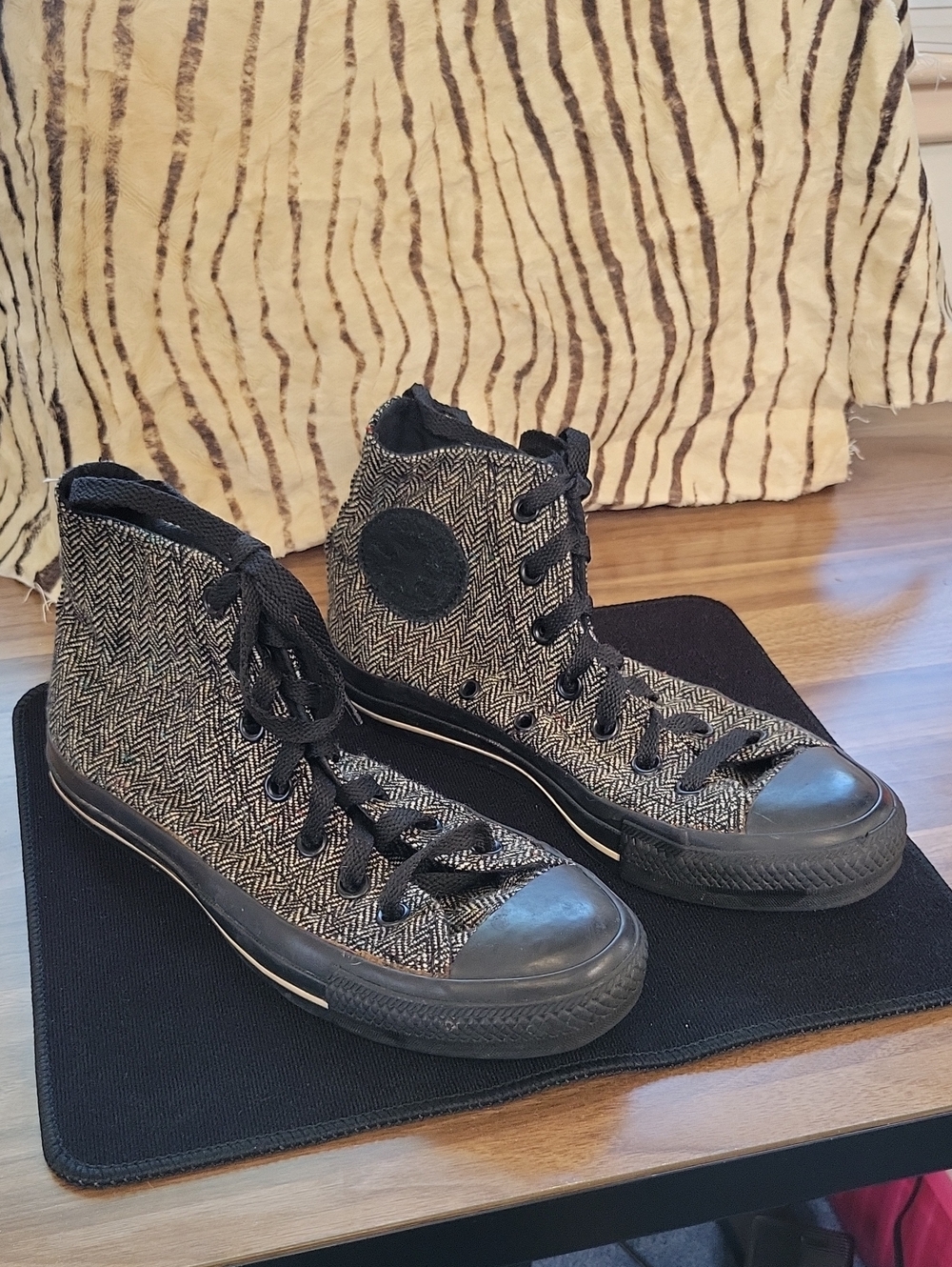 Converse High-Top Sneakers in Black and Gray Herringbone